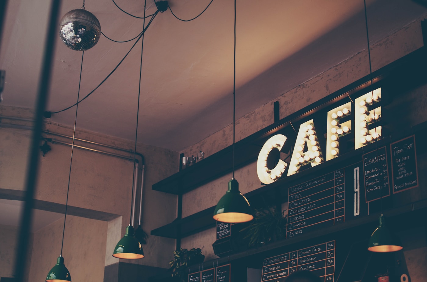 Quiet modern cafe interior with warm lighting